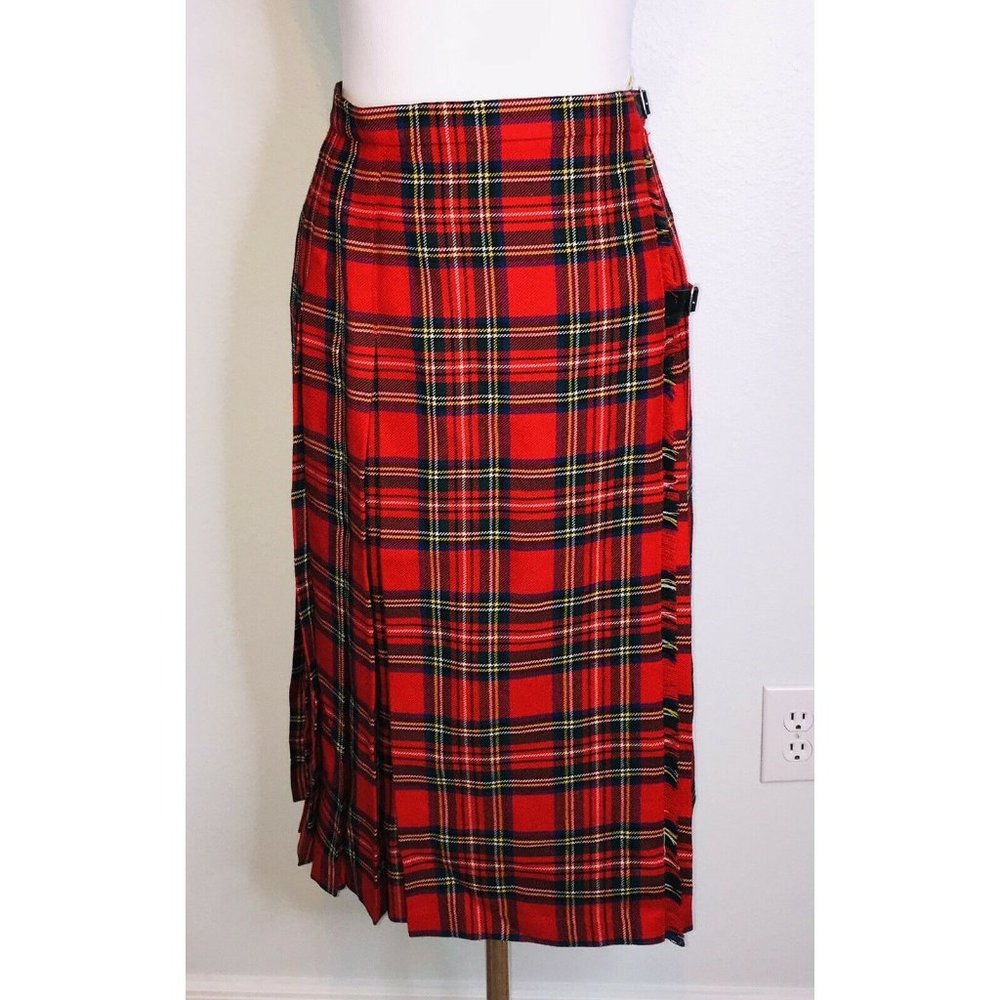 St Michael Skirt Red Blue Tartan Plaid Wrap Kilt Leather Buckles Size 12 UK 10US